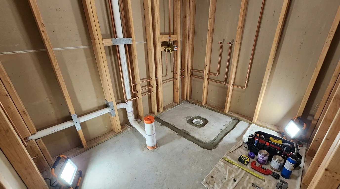 Bathroom rough-in plumbing during remodel by Johns Plumbing LLC in Glendale Heights