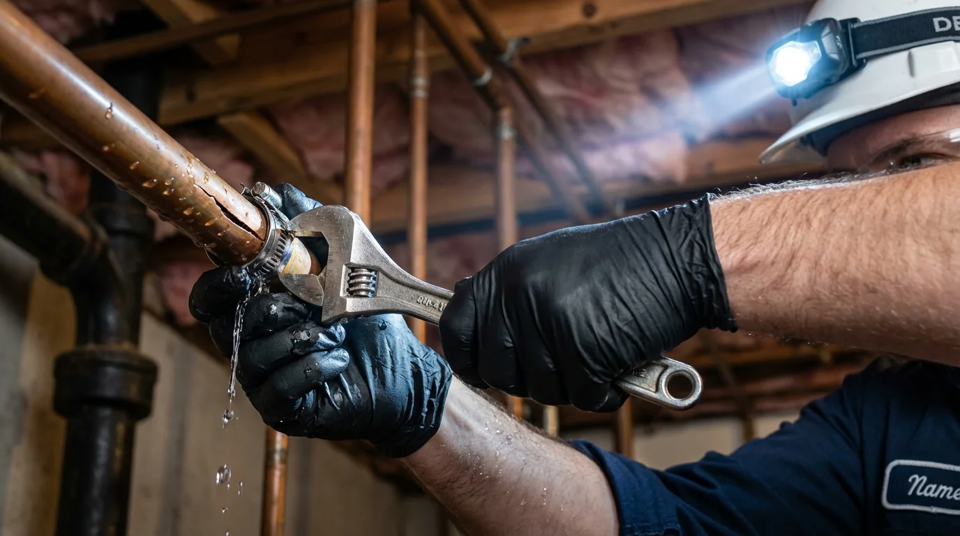 Emergency pipe clamp repair being performed by a Johns Plumbing LLC plumber in Glendale Heights