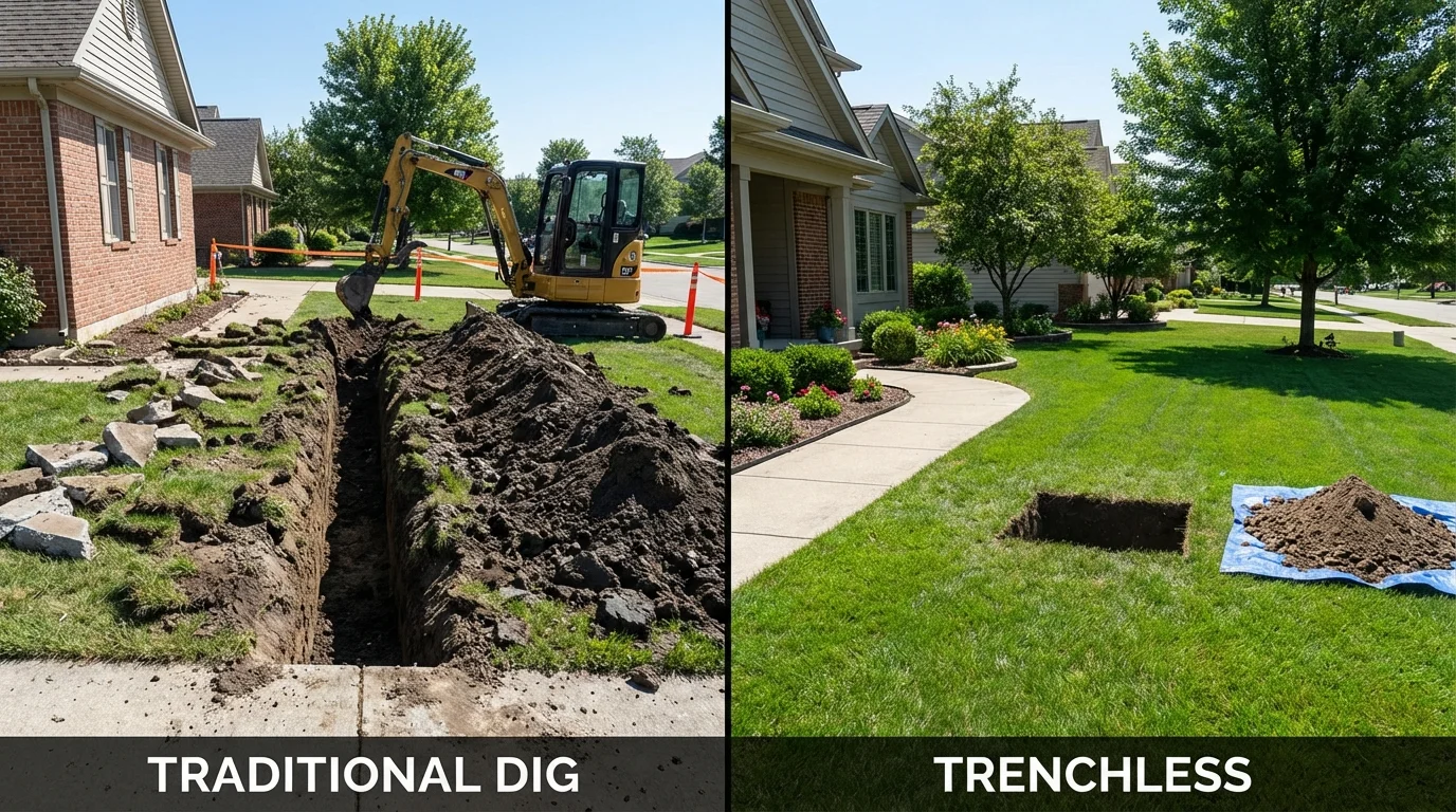 Trenchless sewer repair with minimal yard damage versus traditional excavation in Glendale Heights, IL
