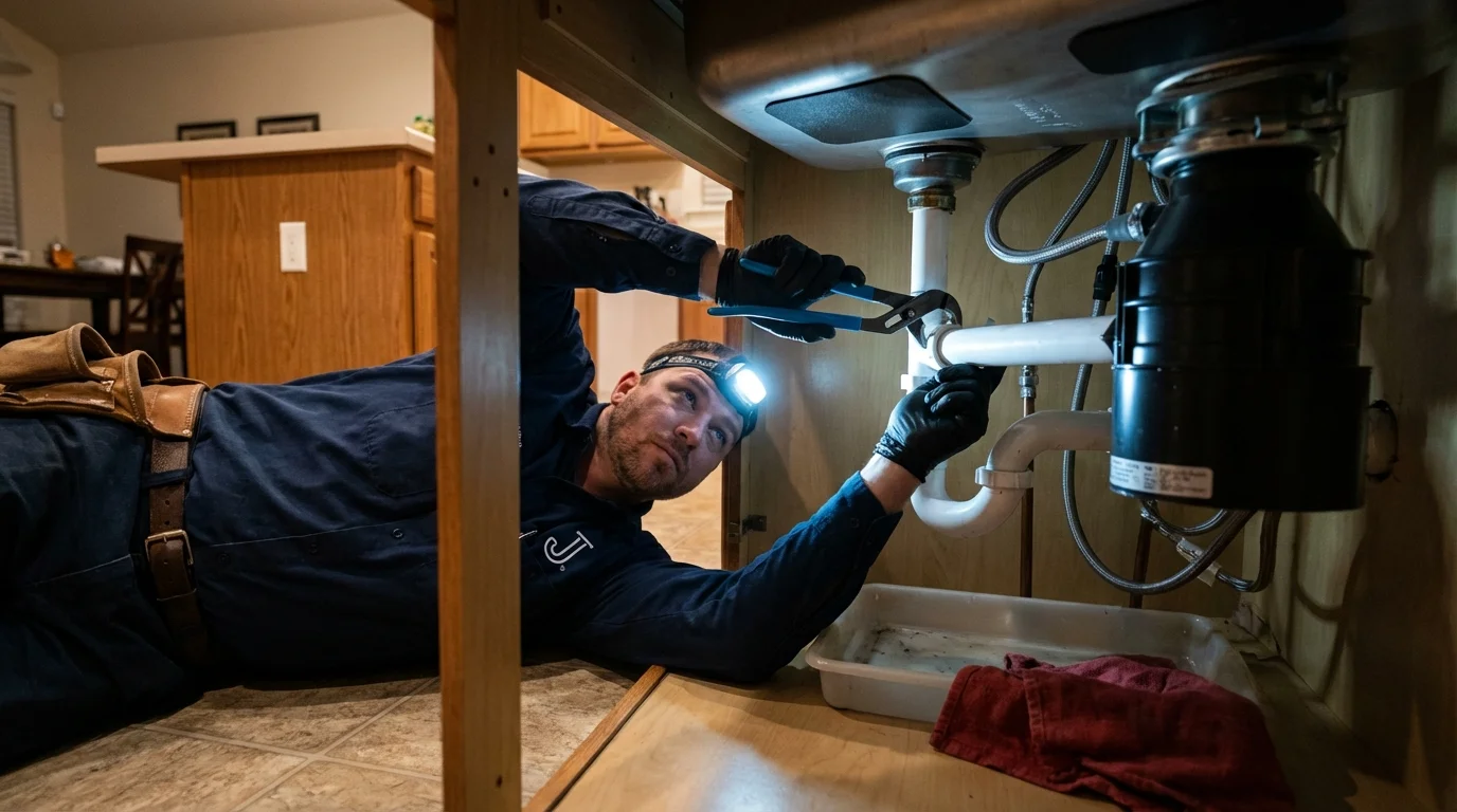 P-trap and supply line connections under a kitchen sink showing a common leak point in Glendale Heights, IL